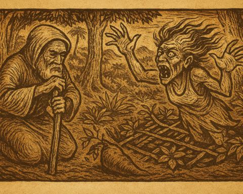 Illustration of Ambat defeating Nevinbimbaau, the ogress of Malekula Island, In a dense tropical forest clearing.