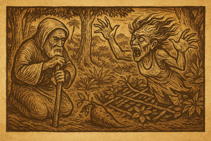 Illustration of Ambat defeating Nevinbimbaau, the ogress of Malekula Island, In a dense tropical forest clearing.