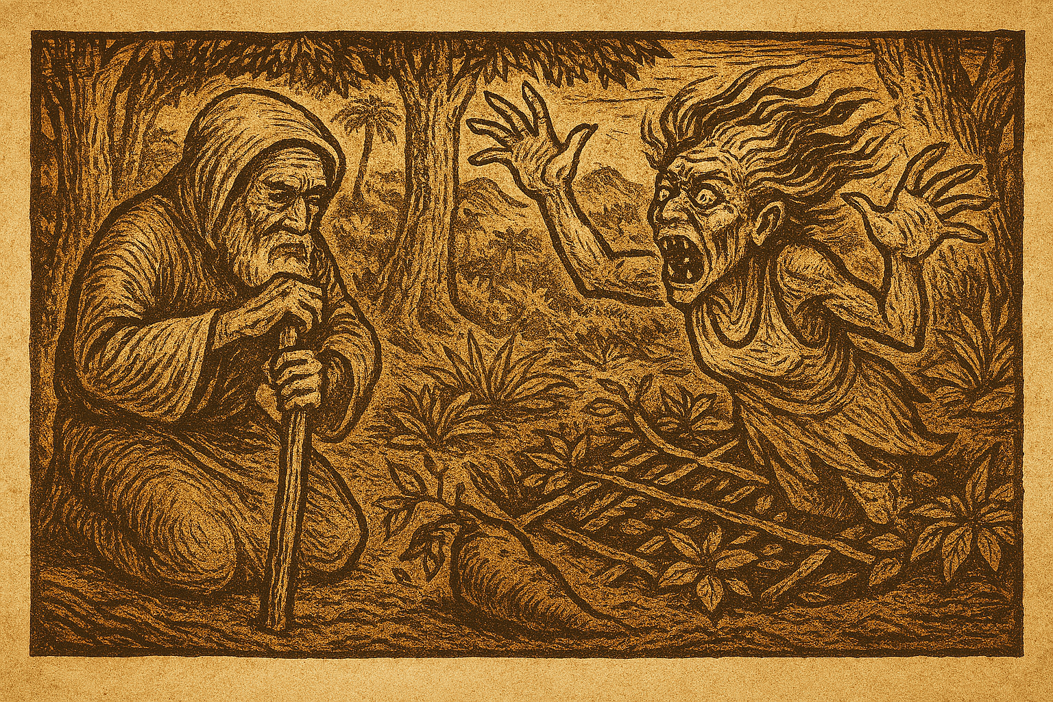 Illustration of Ambat defeating Nevinbimbaau, the ogress of Malekula Island, In a dense tropical forest clearing.