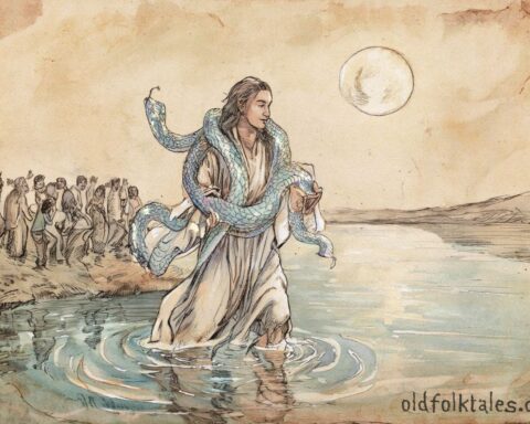 Bahloo carrying snakes across a moonlit river, symbolizing life, death, and renewal in Aboriginal Dreamtime