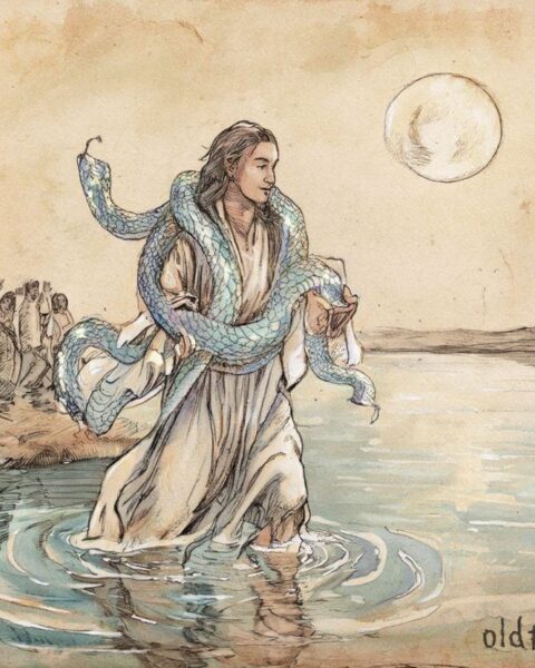 Bahloo carrying snakes across a moonlit river, symbolizing life, death, and renewal in Aboriginal Dreamtime