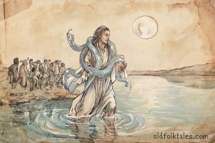 Bahloo carrying snakes across a moonlit river, symbolizing life, death, and renewal in Aboriginal Dreamtime