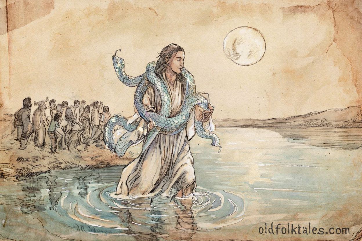 Bahloo carrying snakes across a moonlit river, symbolizing life, death, and renewal in Aboriginal Dreamtime