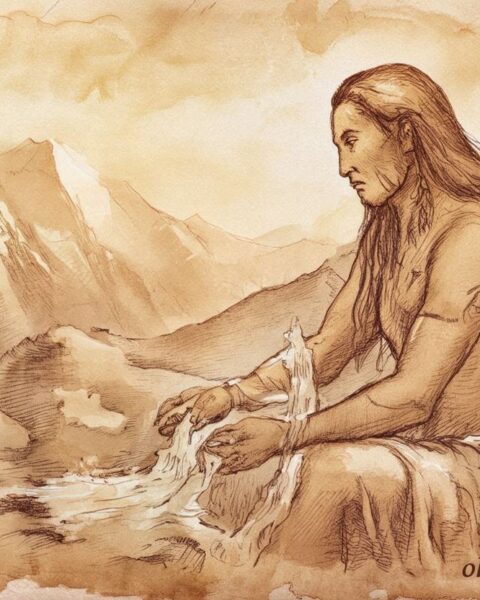 Baiame shaping rivers and mountains, Dreamtime story from Australia.