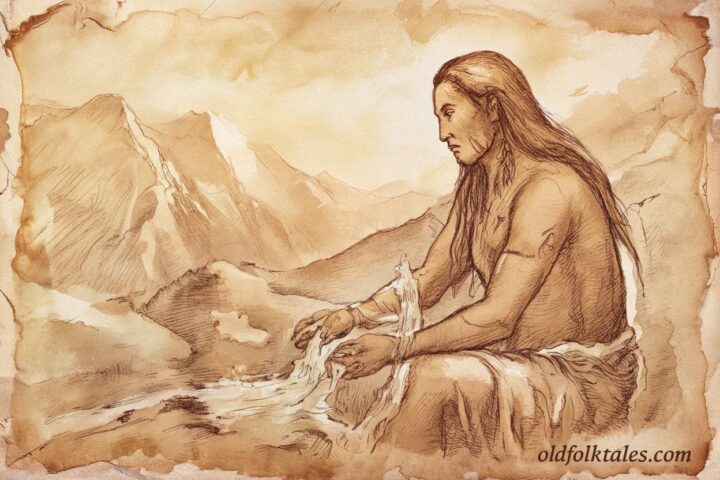 Baiame shaping rivers and mountains, Dreamtime story from Australia.