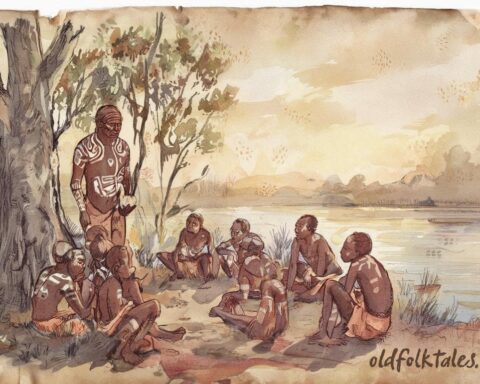 Baiame teaching the first people near a river, Dreamtime story from Australia.