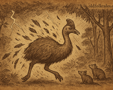 Parchment-style illustration of a proud cassowary standing beneath a stormy Papua New Guinea sky as glowing sky spirits strip away her great wings, marking the moment she becomes a flightless bird.
