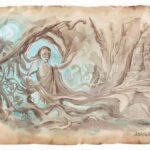 Chaife, Chamorro god of the underworld, surrounded by spirits in a moonlit cave.