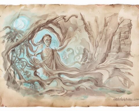 Chaife, Chamorro god of the underworld, surrounded by spirits in a moonlit cave.