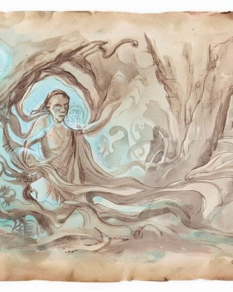 Chaife, Chamorro god of the underworld, surrounded by spirits in a moonlit cave.