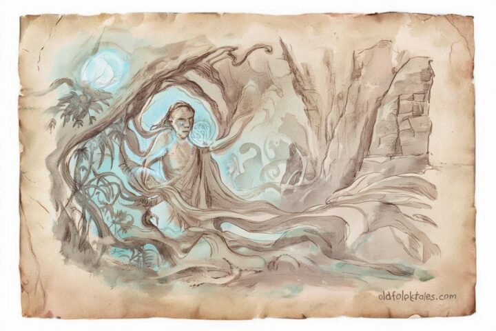 Chaife, Chamorro god of the underworld, surrounded by spirits in a moonlit cave.