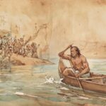 Chief Gadao paddling half a canoe with ancient Chamorro symbols in the background.