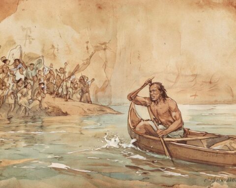 Chief Gadao paddling half a canoe with ancient Chamorro symbols in the background.
