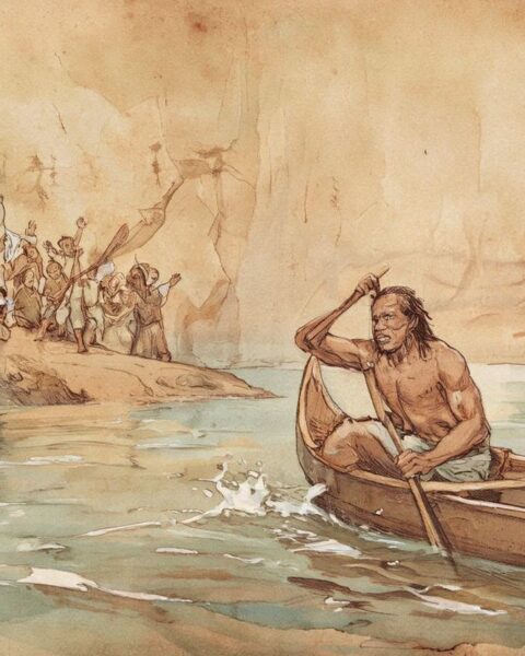 Chief Gadao paddling half a canoe with ancient Chamorro symbols in the background.