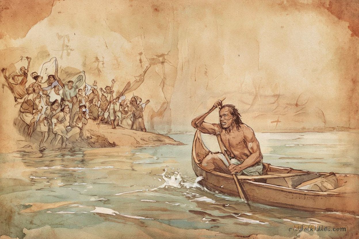 Chief Gadao paddling half a canoe with ancient Chamorro symbols in the background.
