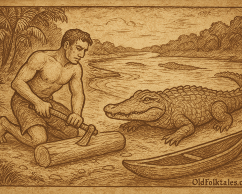 Sepia-toned illustration on aged parchment showing a man carving a log beside a calm river as a crocodile watches nearby, symbolizing the Melanesian folktale of humans and crocodiles as ancient brothers who once worked together before their separation.