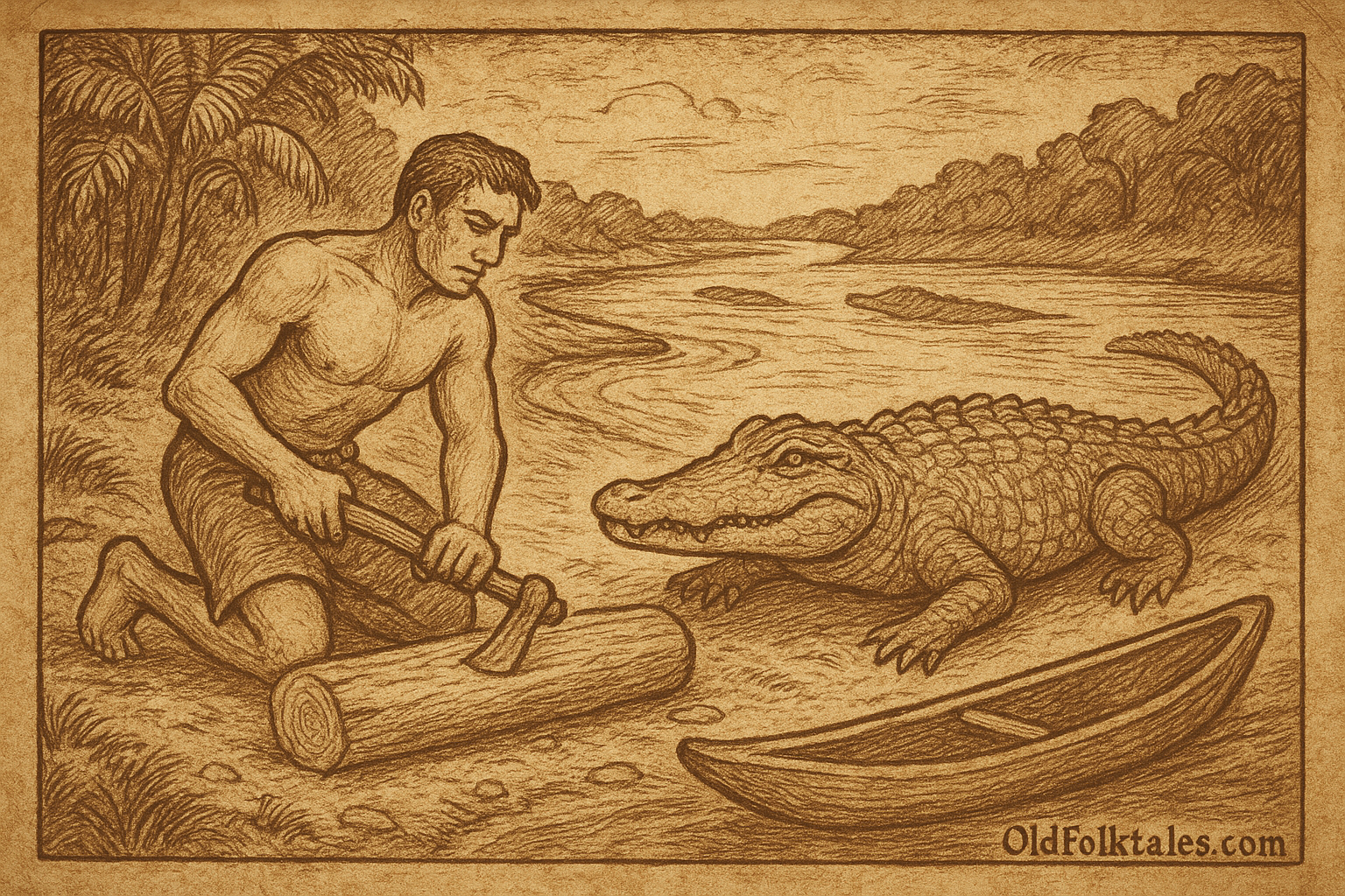 Sepia-toned illustration on aged parchment showing a man carving a log beside a calm river as a crocodile watches nearby, symbolizing the Melanesian folktale of humans and crocodiles as ancient brothers who once worked together before their separation.