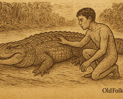 Sepia-toned parchment illustration of a giant crocodile lying on a riverbank as the first man emerges from its body, depicting the Sepik River creation myth from Papua New Guinea.