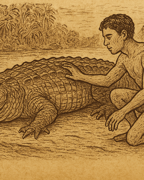 Sepia-toned parchment illustration of a giant crocodile lying on a riverbank as the first man emerges from its body, depicting the Sepik River creation myth from Papua New Guinea.