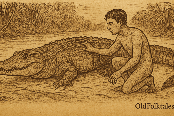 Sepia-toned parchment illustration of a giant crocodile lying on a riverbank as the first man emerges from its body, depicting the Sepik River creation myth from Papua New Guinea.