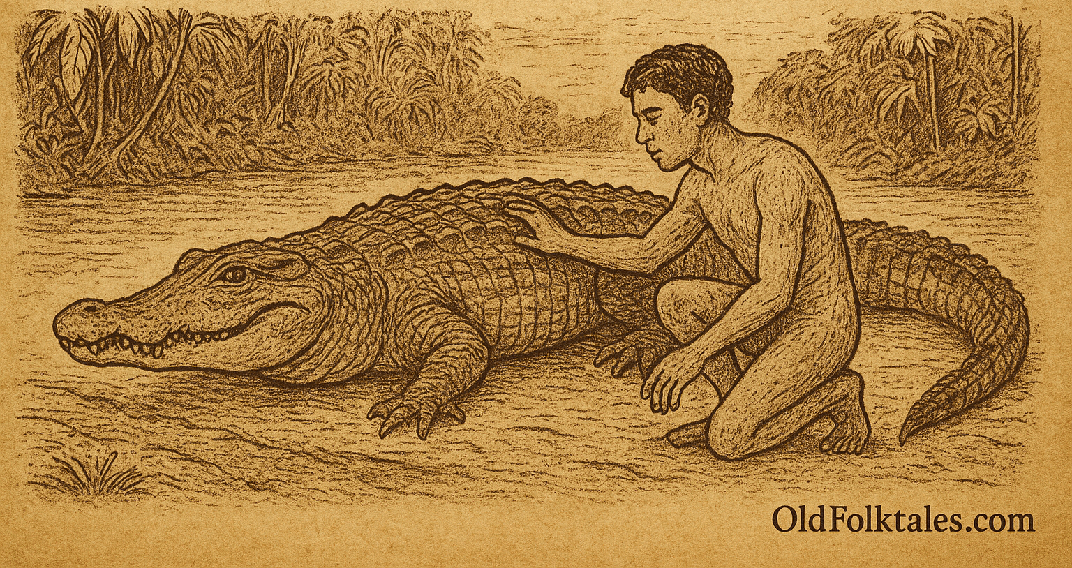Sepia-toned parchment illustration of a giant crocodile lying on a riverbank as the first man emerges from its body, depicting the Sepik River creation myth from Papua New Guinea.