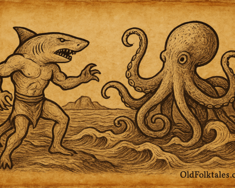 A parchment-style ink drawing of the Fijian shark god Dakuwaqa battling the giant octopus guardian in the ocean, with waves crashing and islands in the background.
