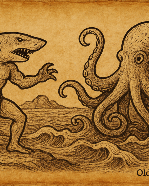 A parchment-style ink drawing of the Fijian shark god Dakuwaqa battling the giant octopus guardian in the ocean, with waves crashing and islands in the background.