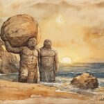 Chamorro giants near Hagåtña Bay pausing by a star as a great boulder rests on the shore.