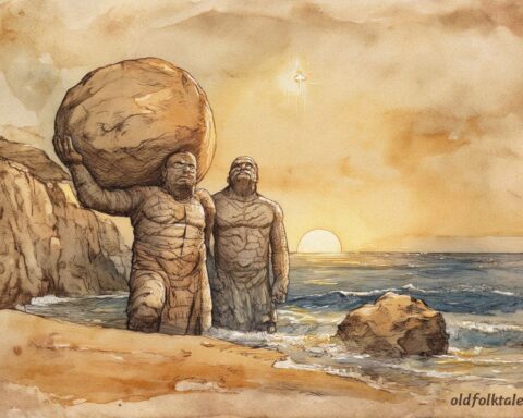 Chamorro giants near Hagåtña Bay pausing by a star as a great boulder rests on the shore.