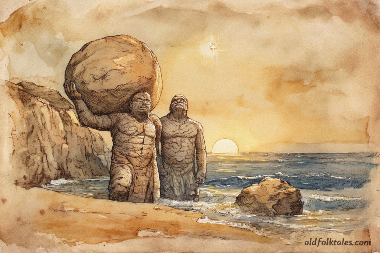 Chamorro giants near Hagåtña Bay pausing by a star as a great boulder rests on the shore.