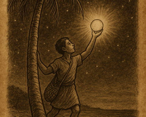 Parchment-style illustration of Tamoa, a Trobriand Island fisherman, climbing a tall palm tree at night, holding a glowing shell that becomes the moon, casting silver light over the island and sea.