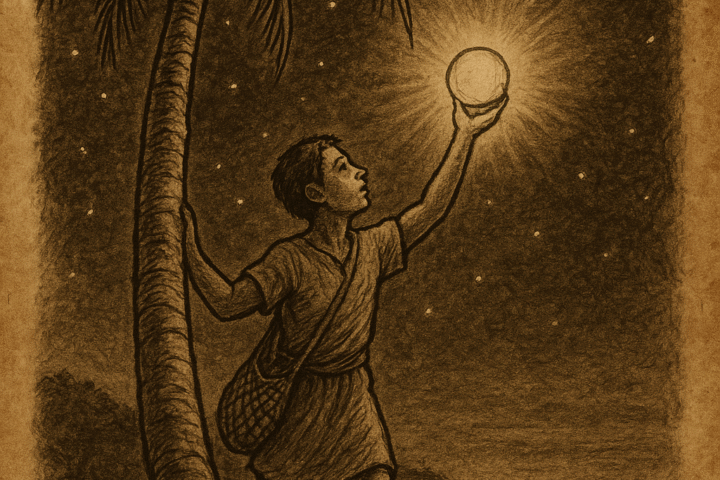 Parchment-style illustration of Tamoa, a Trobriand Island fisherman, climbing a tall palm tree at night, holding a glowing shell that becomes the moon, casting silver light over the island and sea.