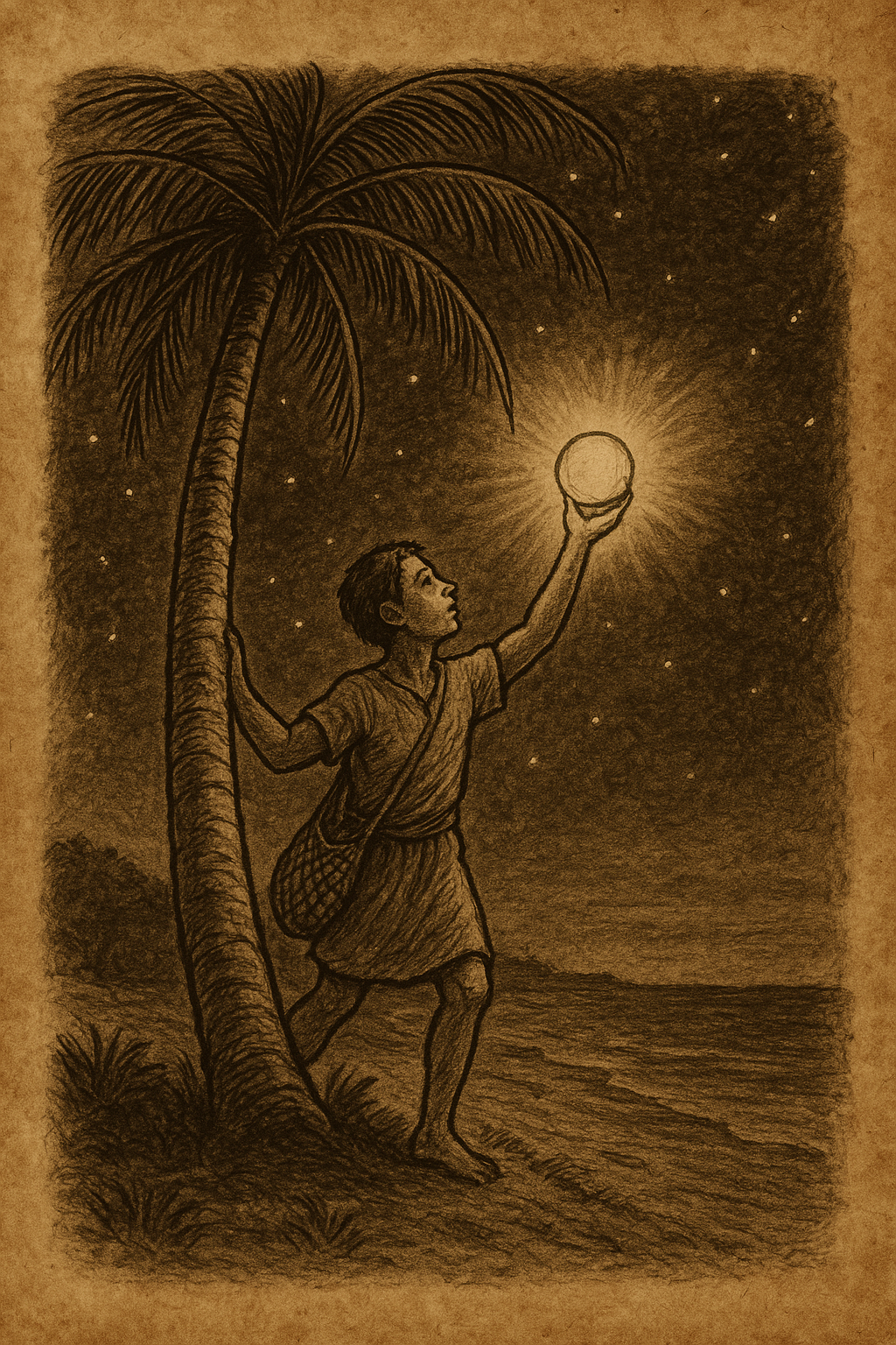 Parchment-style illustration of Tamoa, a Trobriand Island fisherman, climbing a tall palm tree at night, holding a glowing shell that becomes the moon, casting silver light over the island and sea.