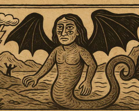 An aged parchment-style illustration of Hatuibwari, the Four-Eyed Guardian from Makira legend, showing a serpent-bodied being with a human face, four eyes, and large bat wings rising amid mountains and storm clouds, symbolizing his power as a protector and teacher of the first people.