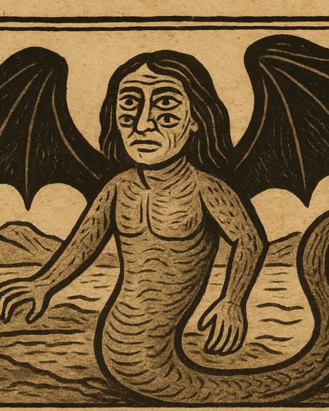 An aged parchment-style illustration of Hatuibwari, the Four-Eyed Guardian from Makira legend, showing a serpent-bodied being with a human face, four eyes, and large bat wings rising amid mountains and storm clouds, symbolizing his power as a protector and teacher of the first people.