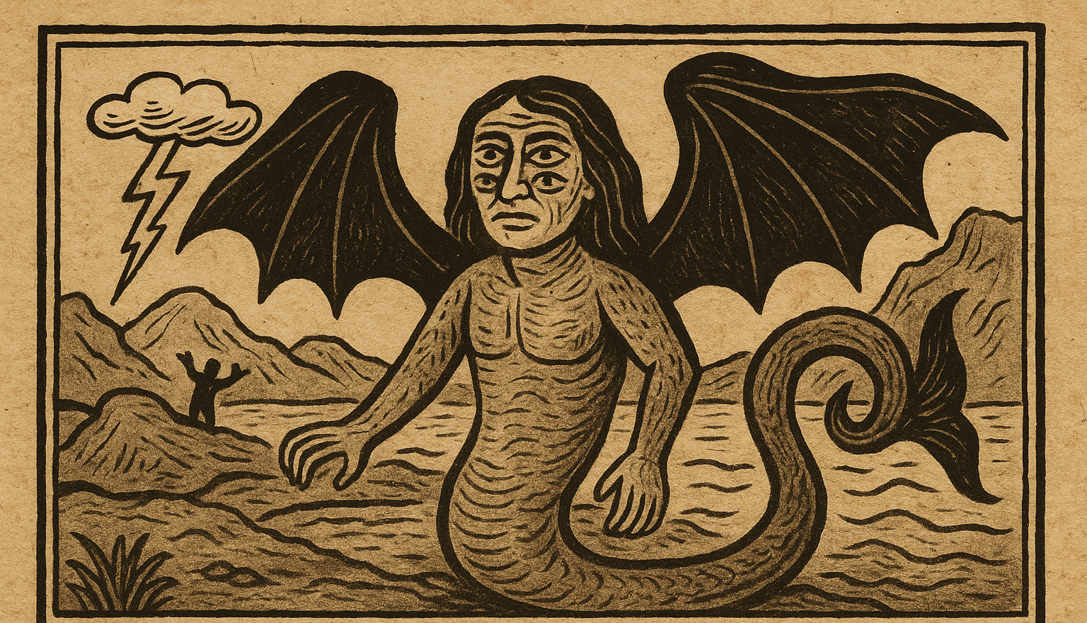 An aged parchment-style illustration of Hatuibwari, the Four-Eyed Guardian from Makira legend, showing a serpent-bodied being with a human face, four eyes, and large bat wings rising amid mountains and storm clouds, symbolizing his power as a protector and teacher of the first people.