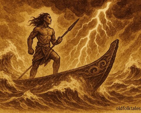 An illustration of Hiro battling a storm in his magic canoe before it turns to stone, Tahitian folktale.