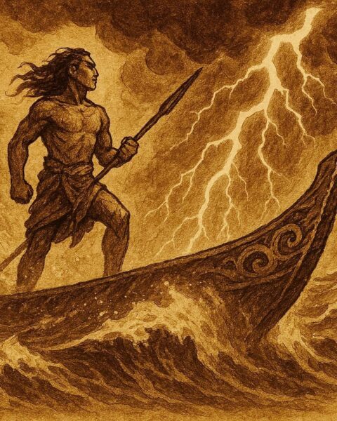 An illustration of Hiro battling a storm in his magic canoe before it turns to stone, Tahitian folktale.