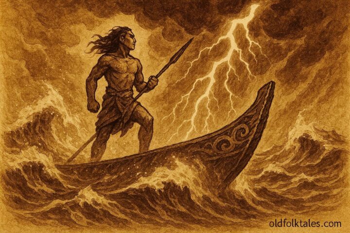 An illustration of Hiro battling a storm in his magic canoe before it turns to stone, Tahitian folktale.