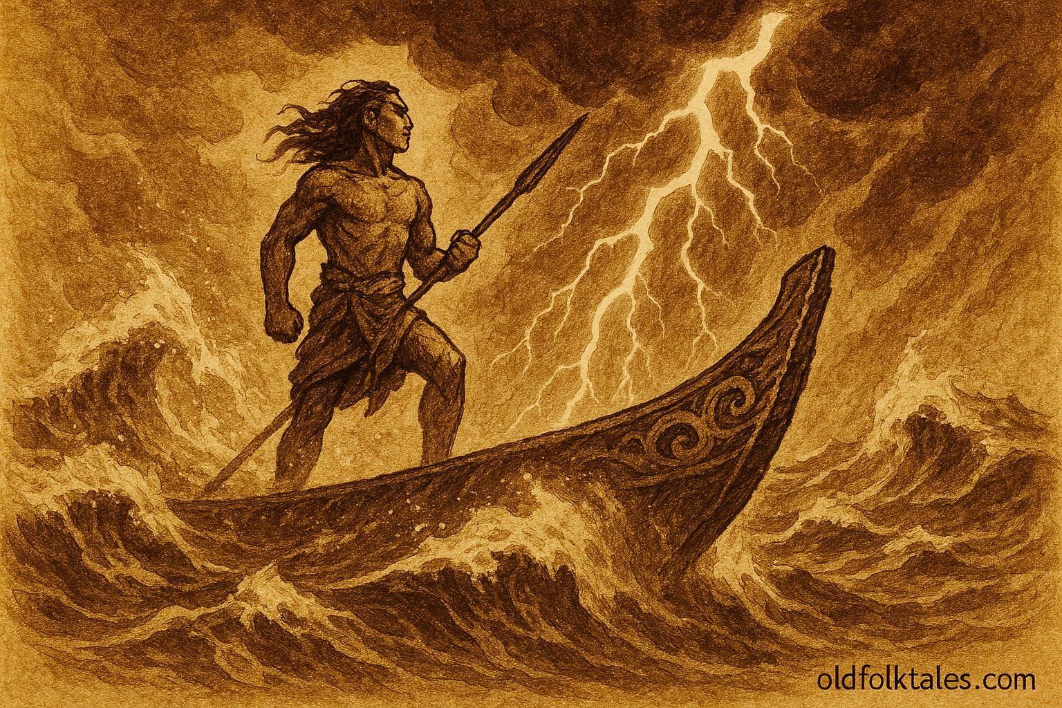 An illustration of Hiro battling a storm in his magic canoe before it turns to stone, Tahitian folktale.
