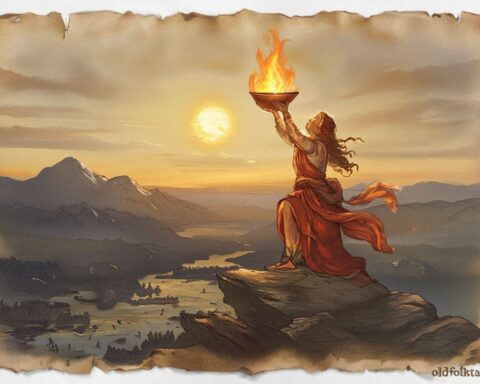 Mother of Fire casting a glowing bowl into the sky, creating the first sun in Aboriginal Dreamtime mythology.