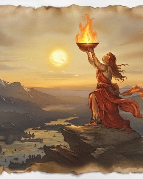 Mother of Fire casting a glowing bowl into the sky, creating the first sun in Aboriginal Dreamtime mythology.