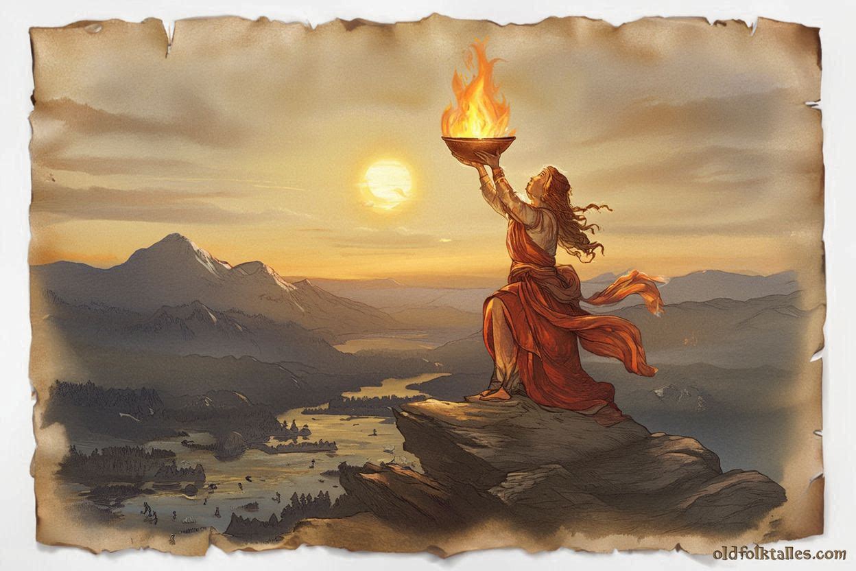 Mother of Fire casting a glowing bowl into the sky, creating the first sun in Aboriginal Dreamtime mythology.