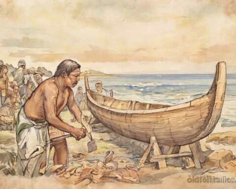 Jebro carving a sacred canoe beside the sea in the Marshall Islands.