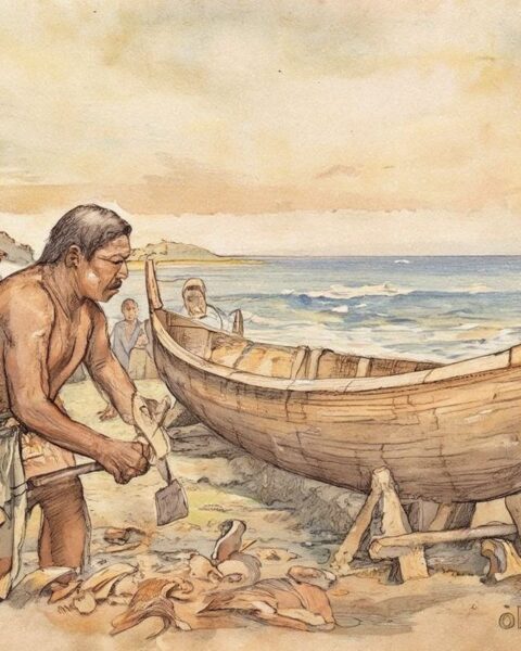 Jebro carving a sacred canoe beside the sea in the Marshall Islands.