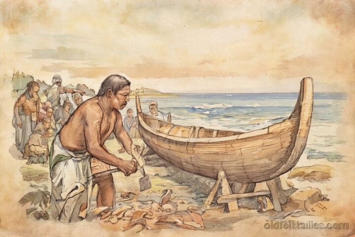Jebro carving a sacred canoe beside the sea in the Marshall Islands.