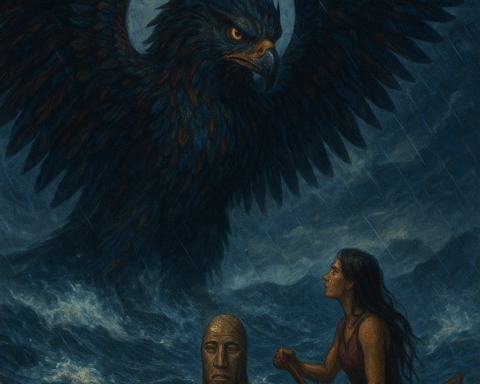 An illustration of a stormy ocean scene showing Ava paddling a small canoe toward Kesoko, the towering bird-man spirit with radiant wings spread wide against dark swirling clouds. The canoe’s prow bears a carved Nguzu Nguzu figure, its solemn gaze meeting Kesoko’s in a moment of mystical calm amid the chaos.