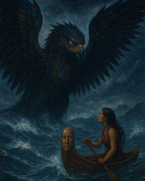 An illustration of a stormy ocean scene showing Ava paddling a small canoe toward Kesoko, the towering bird-man spirit with radiant wings spread wide against dark swirling clouds. The canoe’s prow bears a carved Nguzu Nguzu figure, its solemn gaze meeting Kesoko’s in a moment of mystical calm amid the chaos.