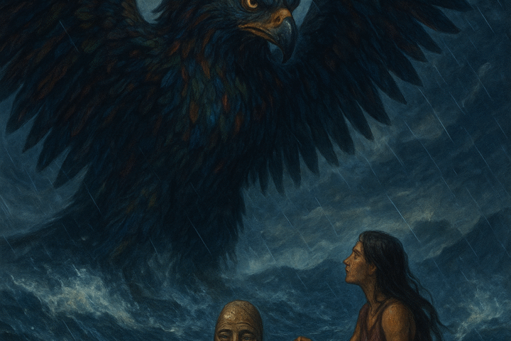 An illustration of a stormy ocean scene showing Ava paddling a small canoe toward Kesoko, the towering bird-man spirit with radiant wings spread wide against dark swirling clouds. The canoe’s prow bears a carved Nguzu Nguzu figure, its solemn gaze meeting Kesoko’s in a moment of mystical calm amid the chaos.