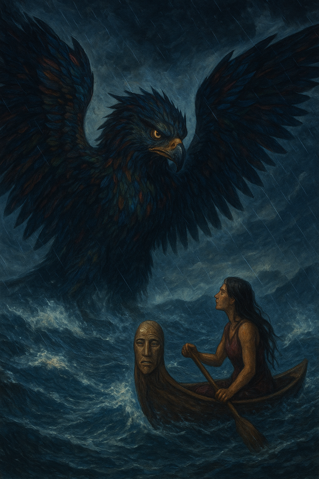 An illustration of a stormy ocean scene showing Ava paddling a small canoe toward Kesoko, the towering bird-man spirit with radiant wings spread wide against dark swirling clouds. The canoe’s prow bears a carved Nguzu Nguzu figure, its solemn gaze meeting Kesoko’s in a moment of mystical calm amid the chaos.
